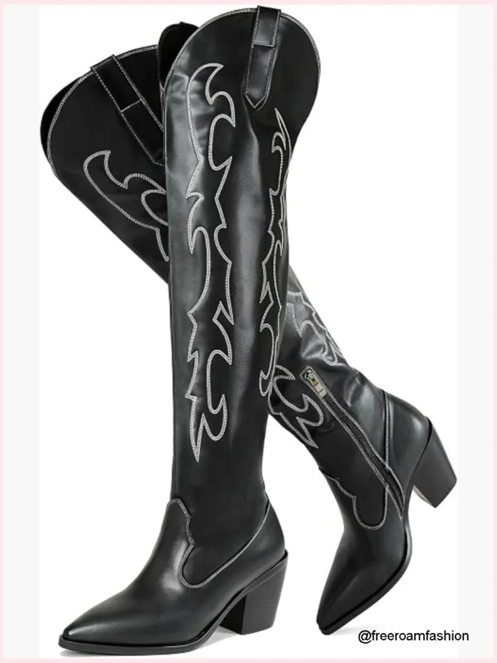 Embroidery Thigh High Cowboy Boots Over Knee Chunky Heel PU Leather